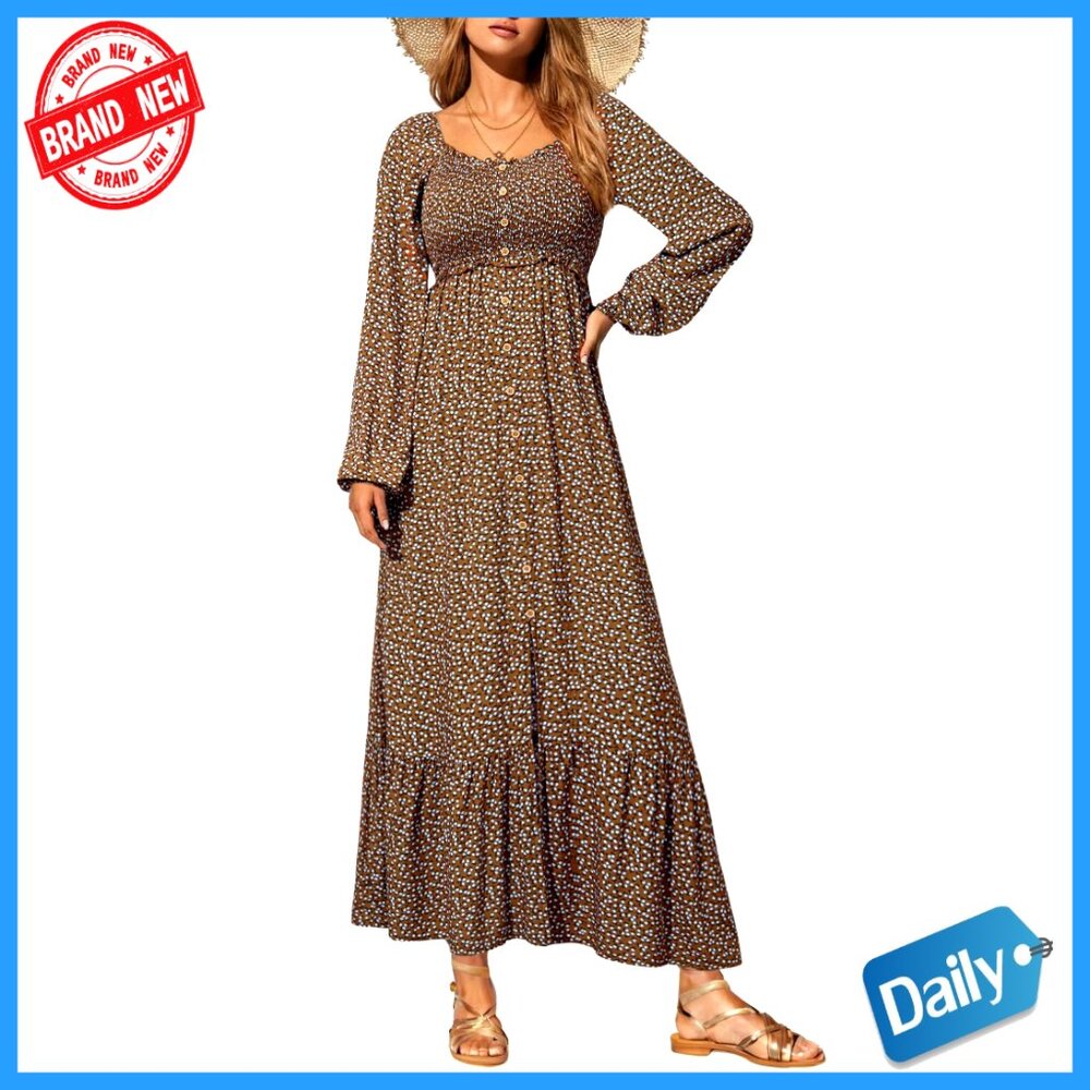 Long Sleeve Maxi Dress With Smocked Empire Waist Square Neck Boho Floral
